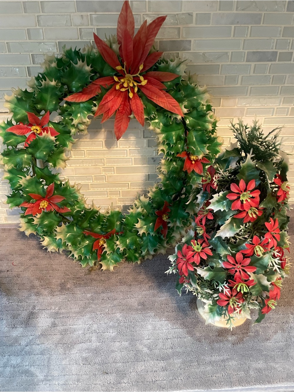 Vintage Topiary Christmas Wreath and Poinsettias Tree